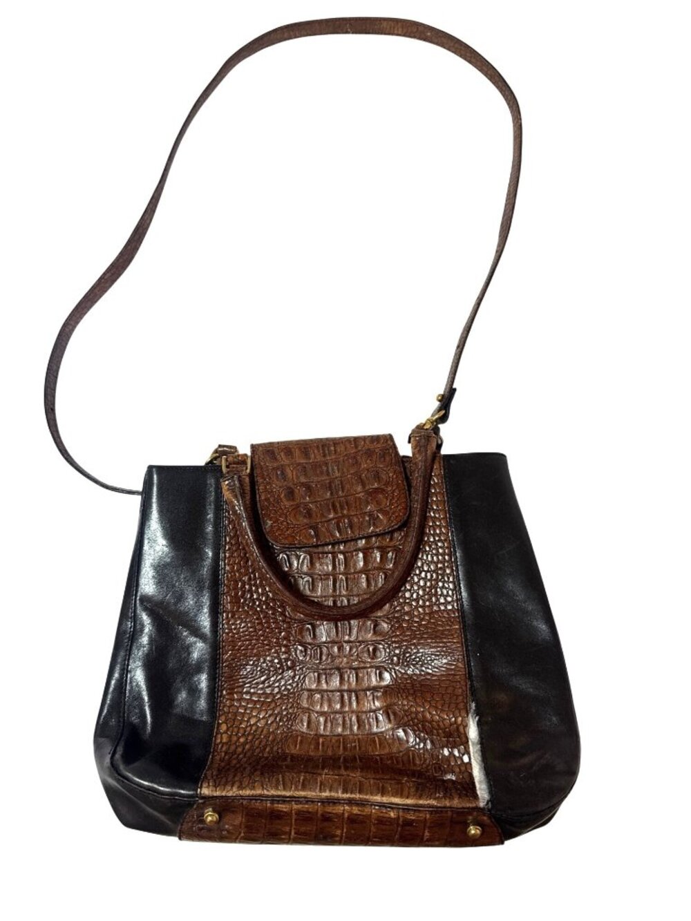 Brahmin Vintage Two Toned Black Leather Brown Crocodile Handbag Purse